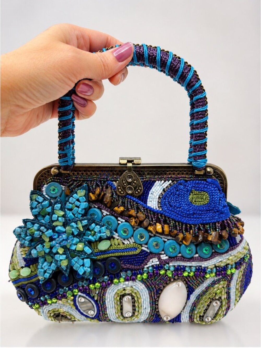 Chico's Beaded Evening Bag Blue Purple Floral Embellished Top Handle Purse - Picture 5 of 16